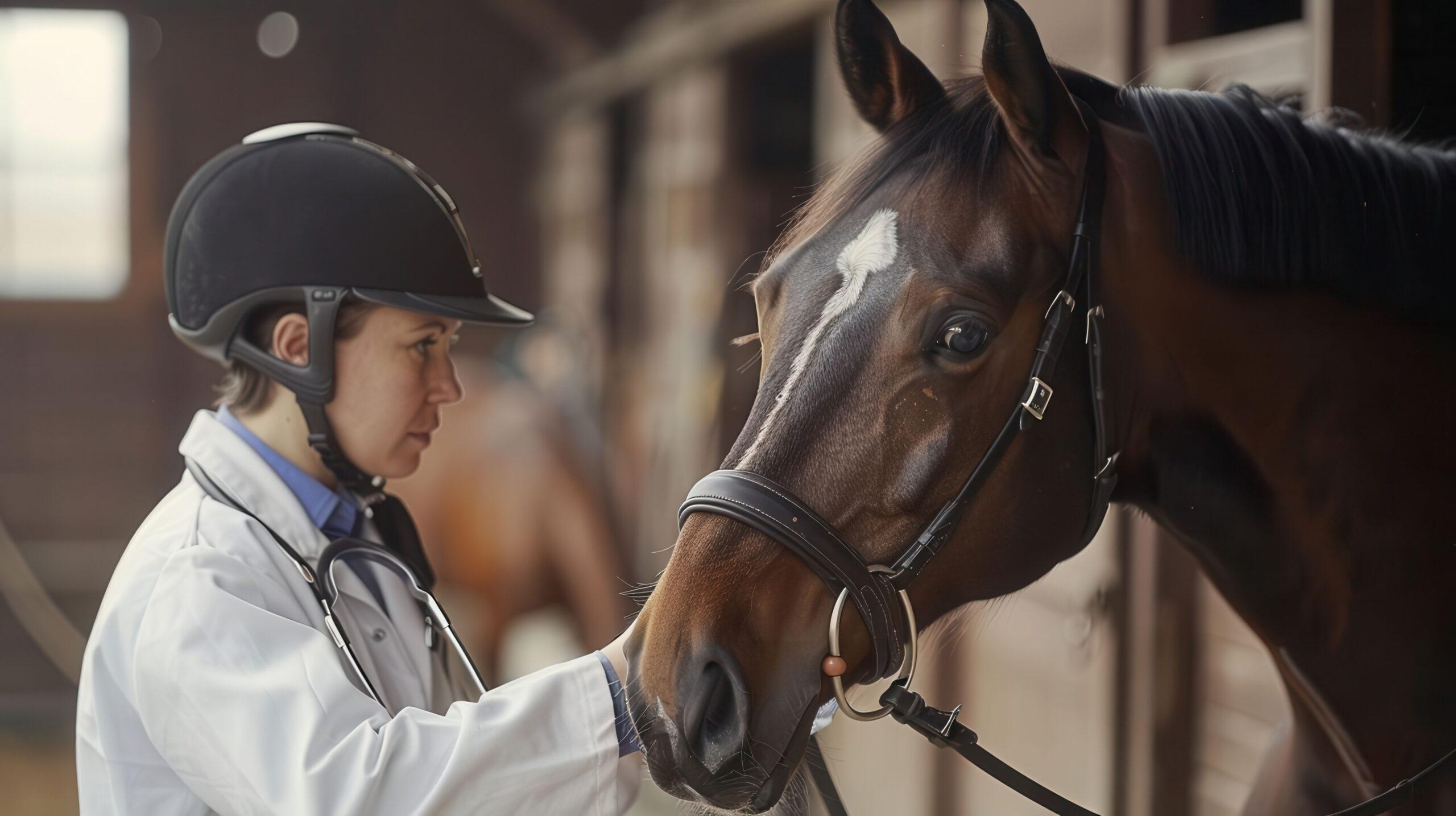 Veterinarian calmly examining a sport horse in stable
