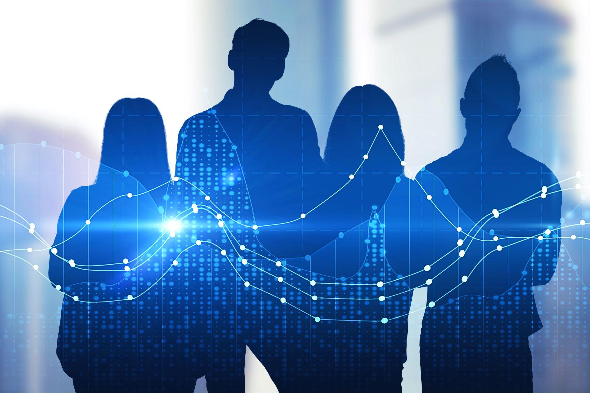 Silhouettes of a digital team with data charts overlay – symbolizing analytics and collaboration in the creator economy supported by an onlyfans agency